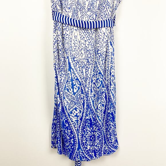 MNG by Mango Paisley Sheath Dress Blue White Knee Length With Sash Womens Size M - Picture 11 of 13